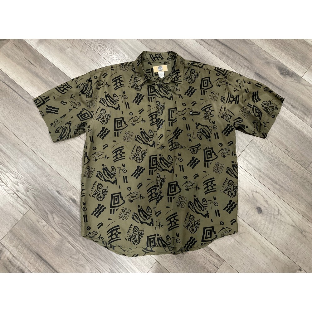 Silk Mens Large Olive Green Abstract Tribal Print Short Sleeve Button Down Shirt